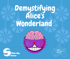 Blue poster saying "demystifying Alice's Wonderland" with a smiling cat with its brain out