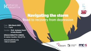 Colorful event poster saying "Navigating the storm: Road to recovery from depression"
